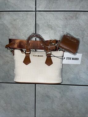 Steve Madden Cream and Brown Mini Satchel with Matching Pouch